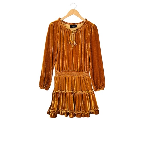 Storia Womens Velvet Ruffled Dress Mini Brown Sz Medium Casual Boho Cocktail - Picture 4 of 11